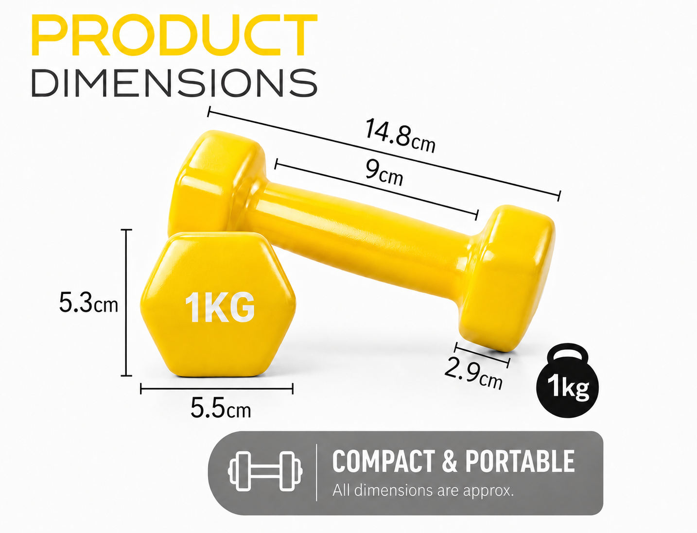 Cast Iron Vinyl Coated Dumbbells Pair Set 1kg Neoprene Hand Weights FLG Lifting Dumbbell Training Kit Set Home Gym Strength Core Fitness, Hexagon Anti-Slip Design Grip Workouts (1kg x 2)
