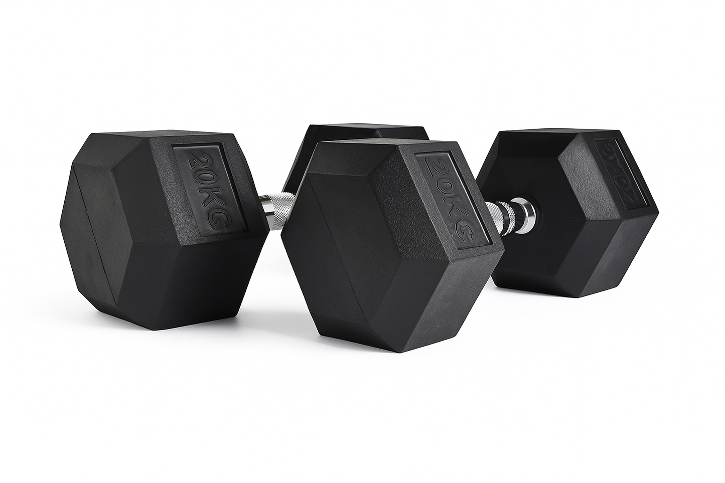 FLG Rubber Hex Dumbbells Knurled Chrome Handle Range of Pairs 6KG - 20KG