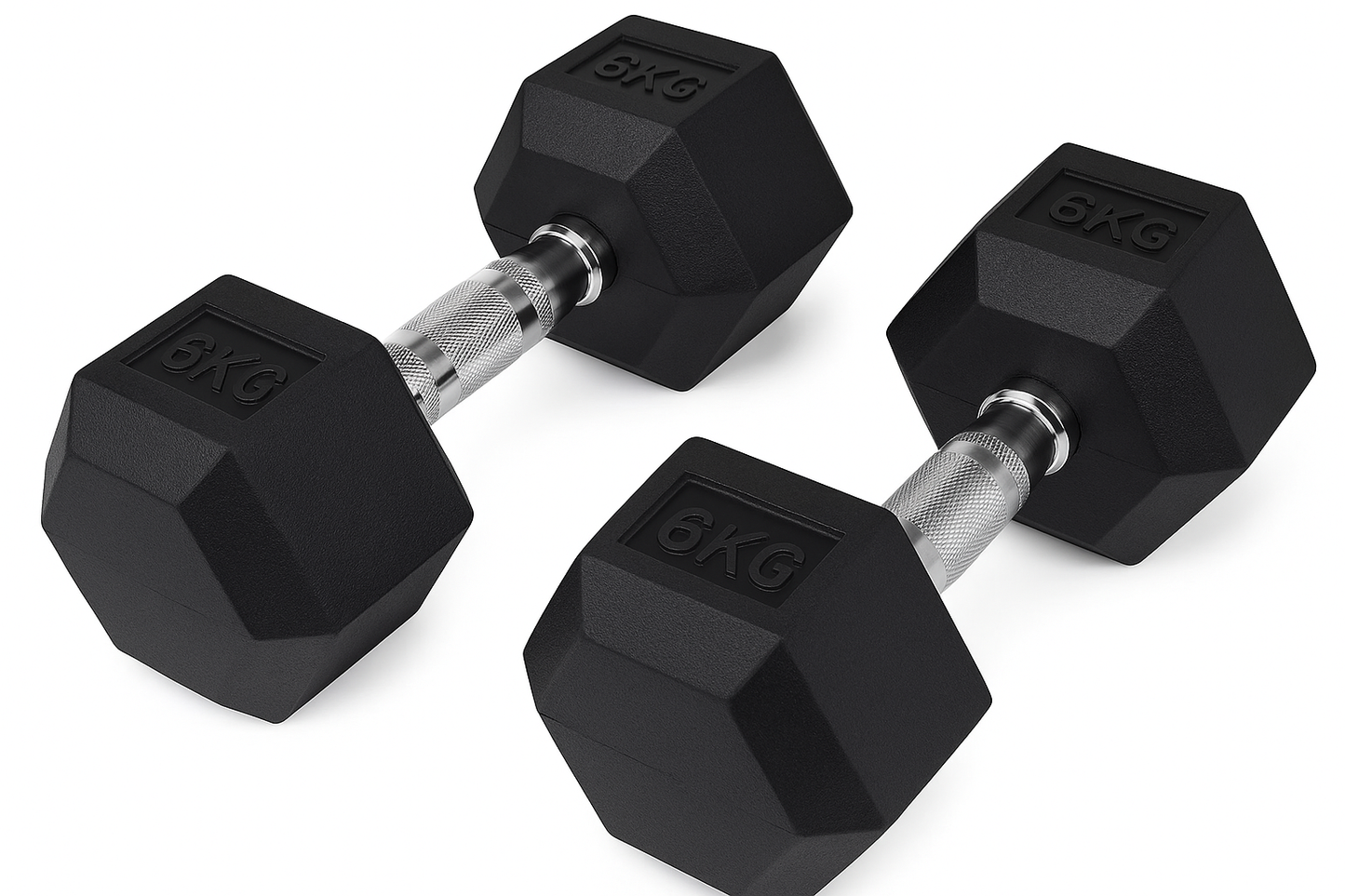 FLG Rubber Hex Dumbbells Knurled Chrome Handle Range of Pairs 6KG - 20KG