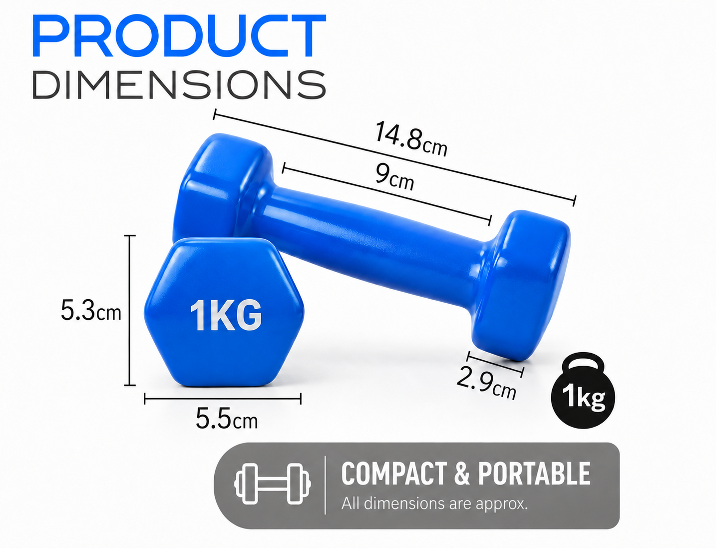 Cast Iron Vinyl Coated Dumbbells Pair Set 1kg Neoprene Hand Weights FLG Lifting Dumbbell Training Kit Set Home Gym Strength Core Fitness, Hexagon Anti-Slip Design Grip Workouts (1kg x 2)