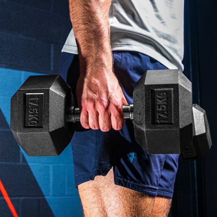 FLG Rubber Hex Dumbbells Knurled Chrome Handle Range of Pairs 6KG - 20KG