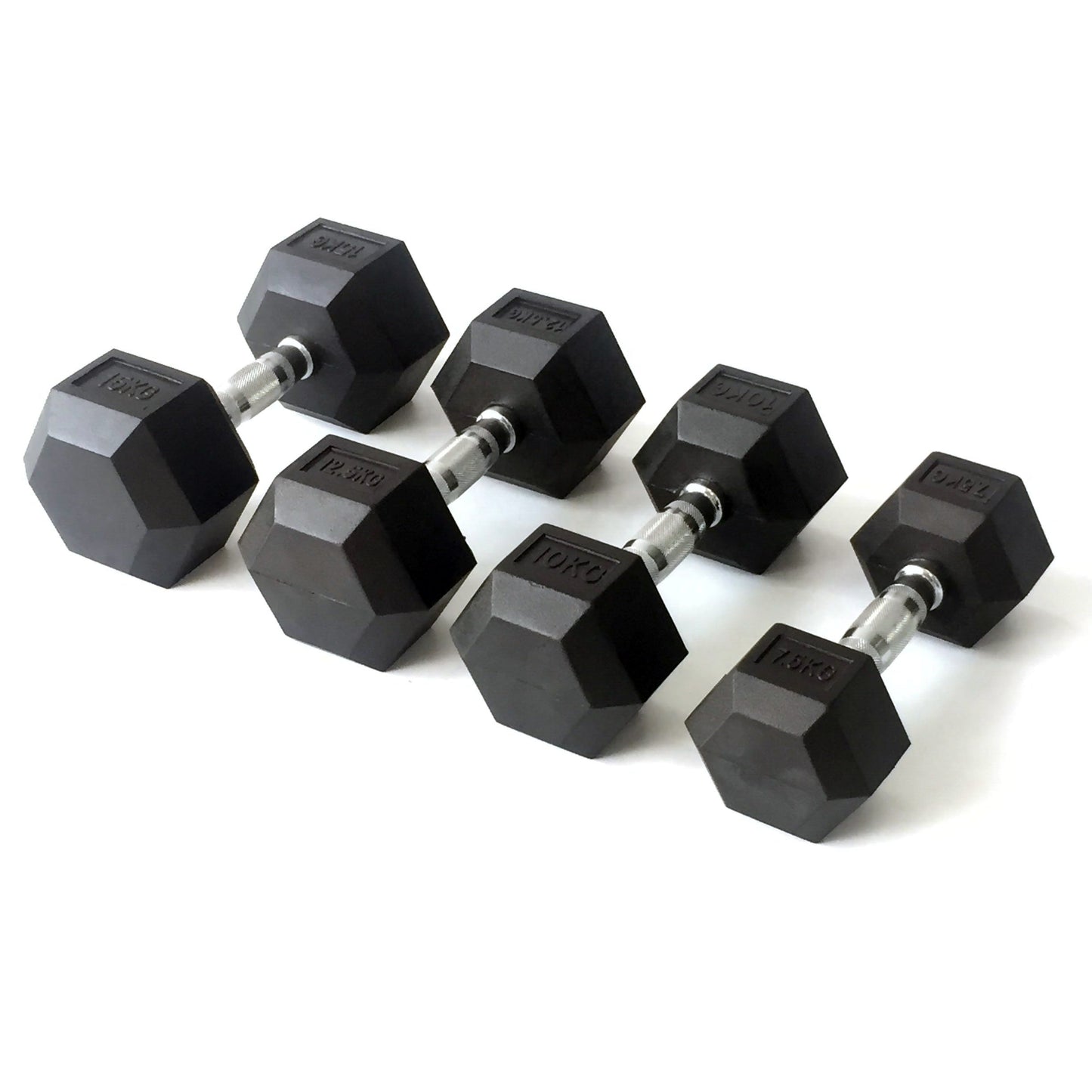 FLG Rubber Hex Dumbbells Knurled Chrome Handle Range of Pairs 6KG - 20KG