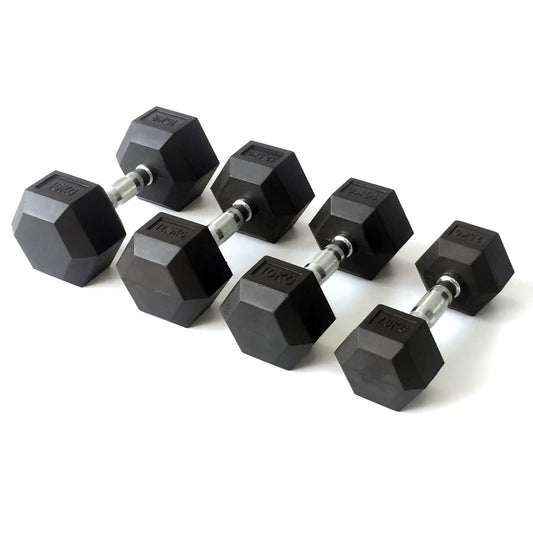 FLG Rubber Hex Dumbbells Knurled Chrome Handle Range of Pairs 6KG - 20KG