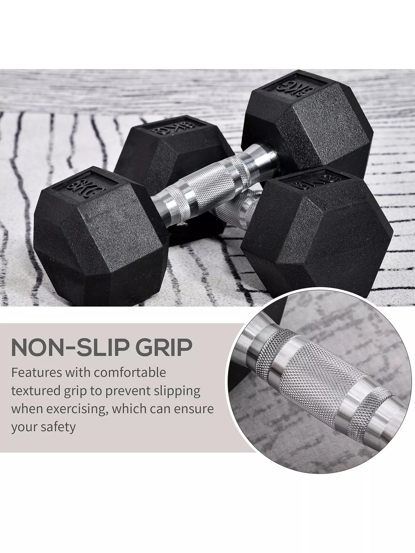 FLG Rubber Hex Dumbbells Knurled Chrome Handle Range of Pairs 6KG - 20KG